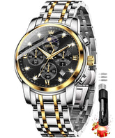 OLEVS Chronograph Watches for Men Original Analog Quartz Black Stainless Steel Chain Luxury Dual Time Zone Moon Phase Date Waterproof Men's Wrist Watch