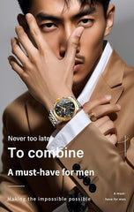 OLEVS Chronograph Watches for Men Original Analog Quartz Black Stainless Steel Chain Luxury Dual Time Zone Moon Phase Date Waterproof Men's Wrist Watch