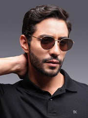 Augussto Aurelius Unisex Metal Eyeglasses - Golden Frame with Brown Lenses, Luxury Round Eyewear with Matte Finish | 100% UV Protected | Men & Women | Non-Polarised | Feather-Light Lenses