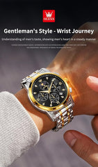 OLEVS Chronograph Watches for Men Original Analog Quartz Black Stainless Steel Chain Luxury Dual Time Zone Moon Phase Date Waterproof Men's Wrist Watch