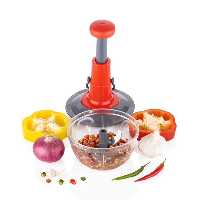 Tosaa Manual Press Fruit & Vegetable Chopper, with 3 Stainless Steel Blades, 1 Whisker, Anti-Slip Base, and Locking System, 500 ml, Color May Vary