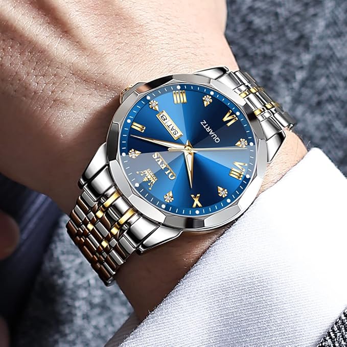OLEVS Original Men's Diamond Watch Analog Quartz Stainless Steel Calendar Business Dress Watch with Luminous Waterproof Casual Wristwatch